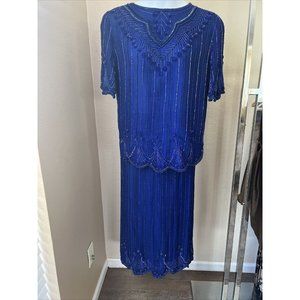 Vintage Mark & John pure silk beaded Sequin Blue Top Blouse & Skirt Size L